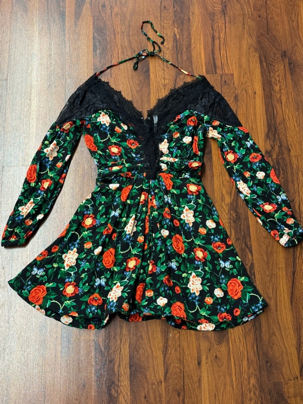 Anthropologie V Neck Mini Dress Black Floral Size 4 - Picture 10 of 16